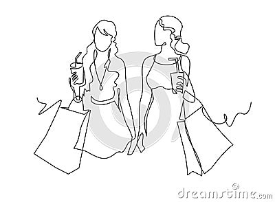 Continuous one line drawing two woman with shopping bags in their hands. Vector Illustration