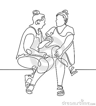 Continuous one line drawing of two women are sitting and talking Vector Illustration