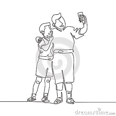 Continuous one line drawing of two young male person taking selfie with mobile phone. Camera in action to capture happiness and Vector Illustration