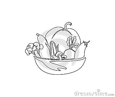 Continuous one line drawing of vegetable on the bowl. Vegetables hand drawn single line art vector illustration Vector Illustration