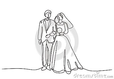 Continuous one line drawing of wedding couple. Man and woman standing with dress and gown Vector Illustration