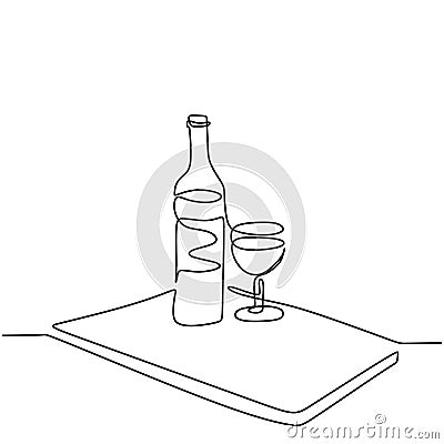 Continuous one line drawing of a wine bottle and a glass linear sketch isolated on white background. Champagne bottle with a glass Vector Illustration