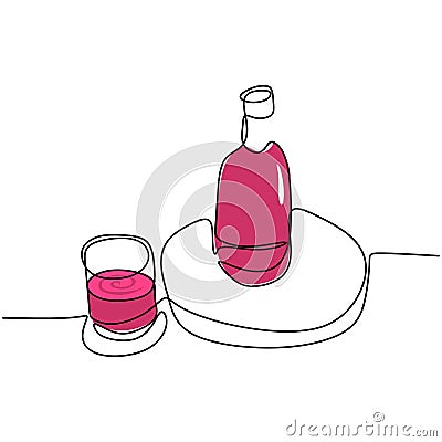 Continuous one line drawing of a wine bottle and a glass linear sketch isolated on white background. Champagne bottle with a glass Vector Illustration