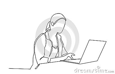 Continuous one line drawing of a woman. Business concept. Beautiful woman sits on the floor and holding laptop isolated Vector Illustration