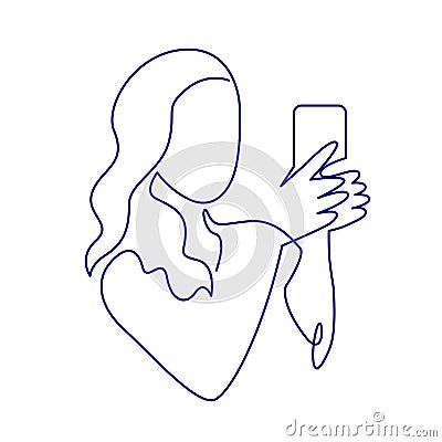Continuous one line drawing of woman making photos with smartphone camera Vector Illustration