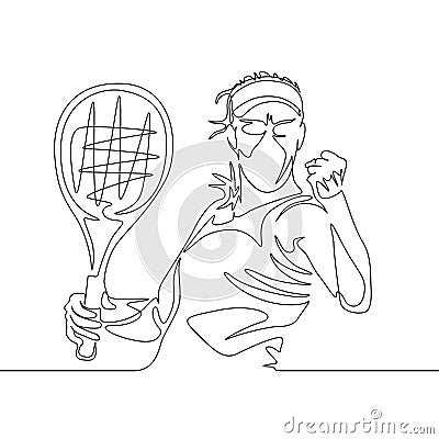 Continuous one line drawing woman tennis player clenches his fist in the winning position Vector Illustration