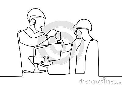 Continuous one line drawing of young architect discussing construction design with foreman manager with minimalist design isolated Vector Illustration