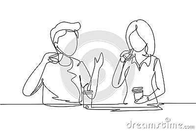 Continuous one line drawing young couple having hamburger meal around table at restaurant. Happy teenagers talking, smiling and Vector Illustration