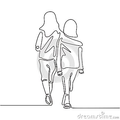 Continuous one line drawing of young girls. Sister, family, and friendship moment theme. Two women walking on the street. Concept Vector Illustration