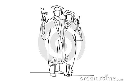 Continuous one line drawing of young happy couple college student show their graduation roll letter to celebrate their graduate. Cartoon Illustration