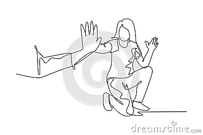 Continuous one line drawing young happy woman take a rest after do some exercise and giving high five to her friend at outfield Cartoon Illustration