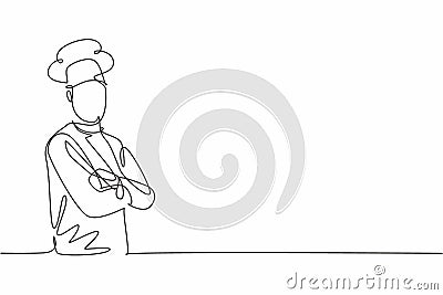 Continuous one line drawing young male chef pose cross his arms on chest before cooking at kitchen. Professional job profession Vector Illustration