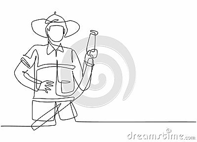 Continuous one line drawing of young male firefighter holding water nozzle. Professional job profession minimalist concept. Single Vector Illustration