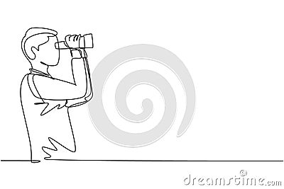 Continuous one line drawing young man looking in distance with binoculars. Enjoy beauty of nature as far as the eye can see. Find Vector Illustration