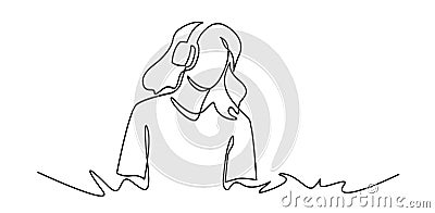 Continuous one line drawing of Young woman listens to music. DJ girl with earphones. Lifestyle teeanager clipart Vector Illustration