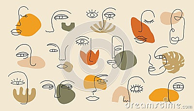 Continuous one line faces set. Contemporary abstract shapes with doodle hand drawn people face picasso matisse style. Vector art Vector Illustration