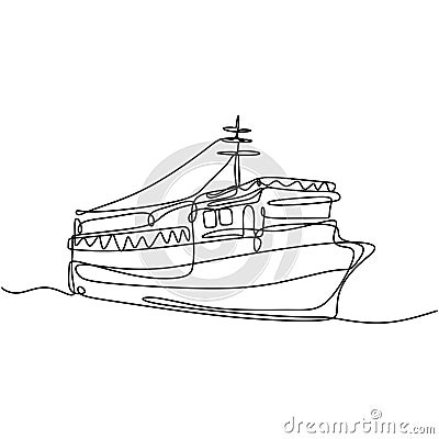 Continuous one line hand drawn of large cruise ship at sea. Royal passenger cruise ship over the marine. Ocean travel vacation Vector Illustration