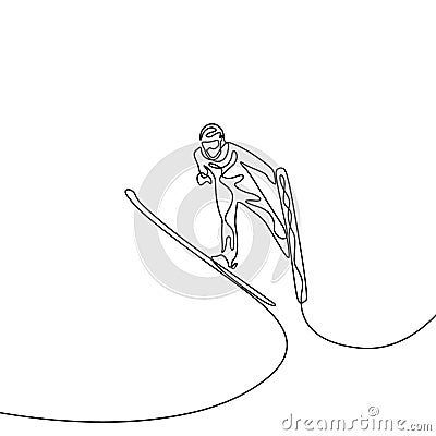 Continuous one line Jumping on the ski. Olympic sport Vector Illustration