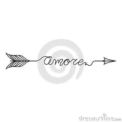Continuous One Line lettering amore love in Italian in the form of an arrow. Vector illustration for poster, card, banner Vector Illustration