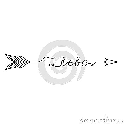 Continuous One Line lettering liebe love in Deutsch in the form of an arrow. Vector illustration for poster, card, banner Vector Illustration