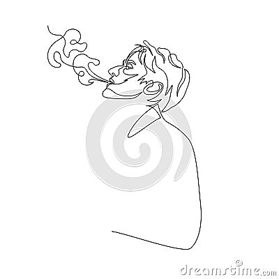 Continuous one line man exhale smoke of cigarette. Art Vector Illustration