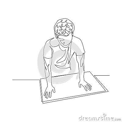 Continuous one line man leaned over the table. Thinking about serious plans, problems or ideas. Vector stock Vector Illustration