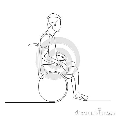 Continuous one line man in a wheelchair. Disabled. Vector stock illustration. Vector Illustration