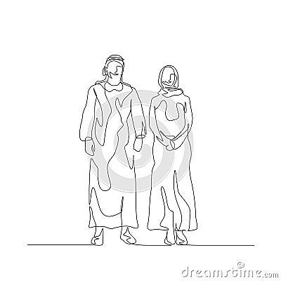 Continuous one line muslim couple in arabic clothing. Vector stock illustration. Vector Illustration