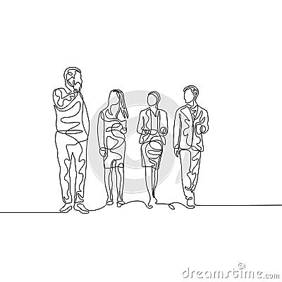 Continuous one line team of businessmans with boss discussing work Vector Illustration