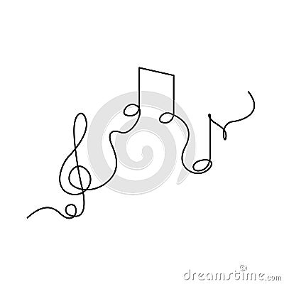 Continuous one line treble clef and notes, musical notes, A or La. vector illustration. Vector Illustration