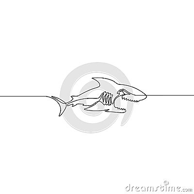 Continuous one line vector shark isolated on white background. Vector Illustration