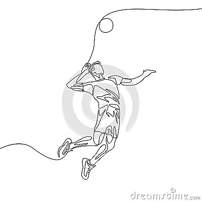 Continuous one line volleyball player man jumps to throw the ball Vector Illustration