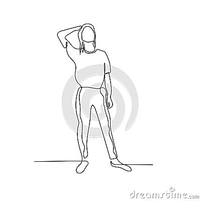 Continuous one line woman hold hand behind head. Vector illustration. Vector Illustration