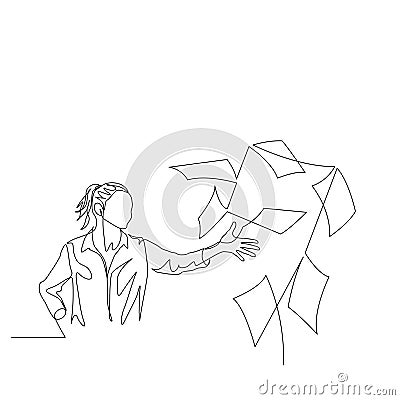 Continuous one line woman throw documents into the air in front of her. Woman is tired of everything and that s enough Vector Illustration