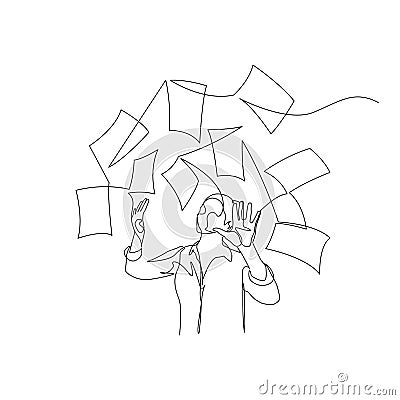 Continuous one line woman throw documents into the air. Woman is tired of everything and that s enough. Vector Vector Illustration