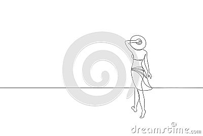 Continuous one single line art girl walking on sand beach concept. Beautiful woman portrait tropical holiday travel Vector Illustration
