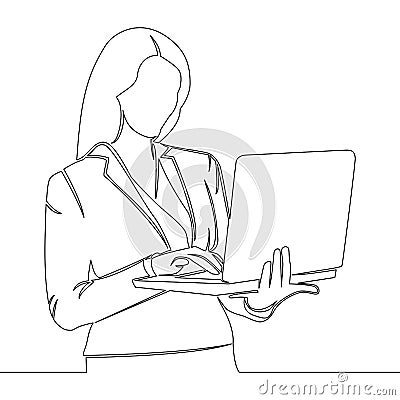 Continuous line drawing businesswoman working on laptop Vector Illustration