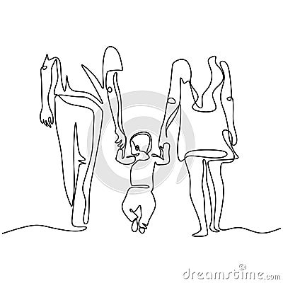 Continuous one single line drawing of family walking. Mother, Father, and son concept of holding hands together. Parenting and Vector Illustration