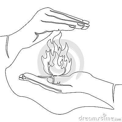 Continuous line drawing fire and hands lantern care concept Vector Illustration