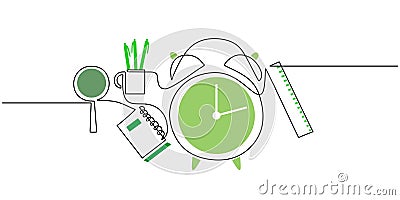 Continuous one single line of magnifying glass, book, ruler and alarm clock isolated on white background for studying stuff Vector Illustration