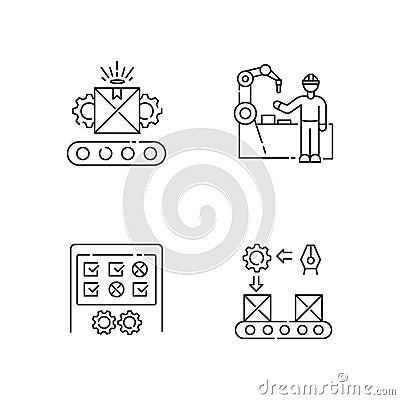 Continuous production flow pixel perfect linear icons set Vector Illustration