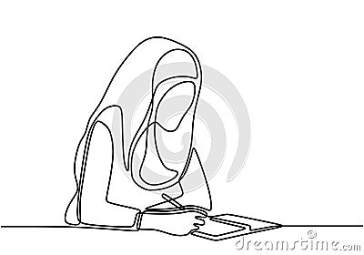 Continuous single drawn hijab girl reading and writing with her pen and book. Young muslimah woman learns hand drawn picture Vector Illustration