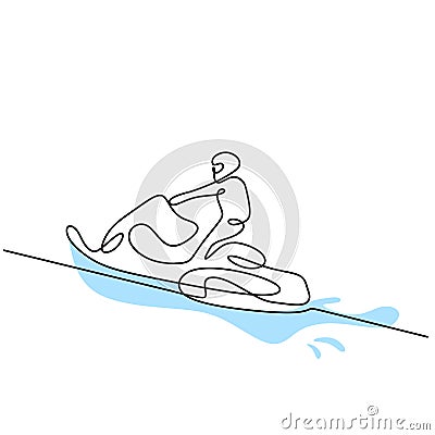 Continuous single drawn line man on a snowmobile in fresh snow isolated on white background. Young male driving snowmobile. Vector Illustration