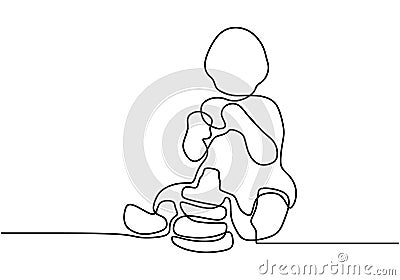 Continuous single drawn one line baby eating biscuits. The child eats his own. Baby holds food with his hands. Happy eating baby. Vector Illustration