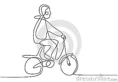 Continuous single drawn one line child on a bicycle. Little boy riding his bicycle at public park isolated on white background. Vector Illustration