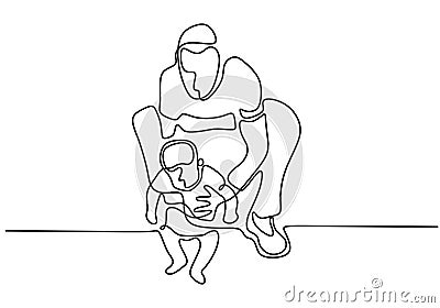 Continuous single drawn one line father holding baby. Father teaches the kid to walk. Caring his child. Family time concept Vector Illustration