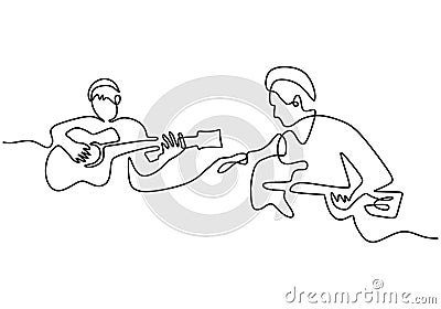 Continuous single drawn one line father teaching his son to play guitar and sing a song drawn by hand picture. Happy family Vector Illustration