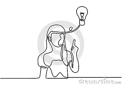 Continuous single drawn one line hand pointing a light bulb. Young girl thinking and finding solution. Idea and creativity symbol Vector Illustration