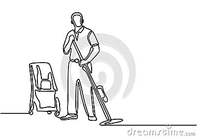 Continuous single drawn one line male cleaner washes the floor. Man cleaning the floor using mop. Cleaning service concept. Vector Illustration
