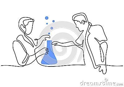 Continuous single drawn one line scientist researcher professor and a student doing experiment in laboratory. The concept of Vector Illustration